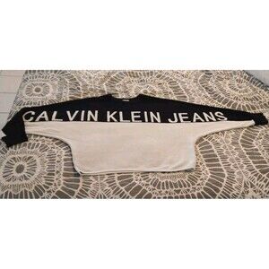 CALVIN KLEIN - WOMEN'S BLACK WHITE COLOR BLOCK LOGO SWEATER - SZ XL